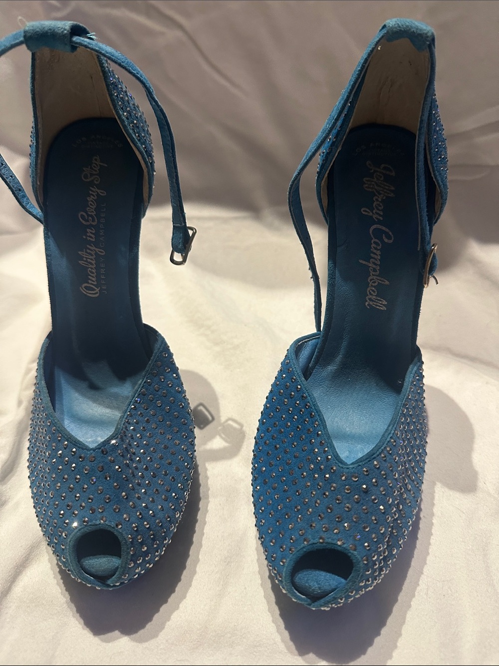 Jeffrey Campbell Teal Blue Crystal Peep-Toe Ankle Strap Heels